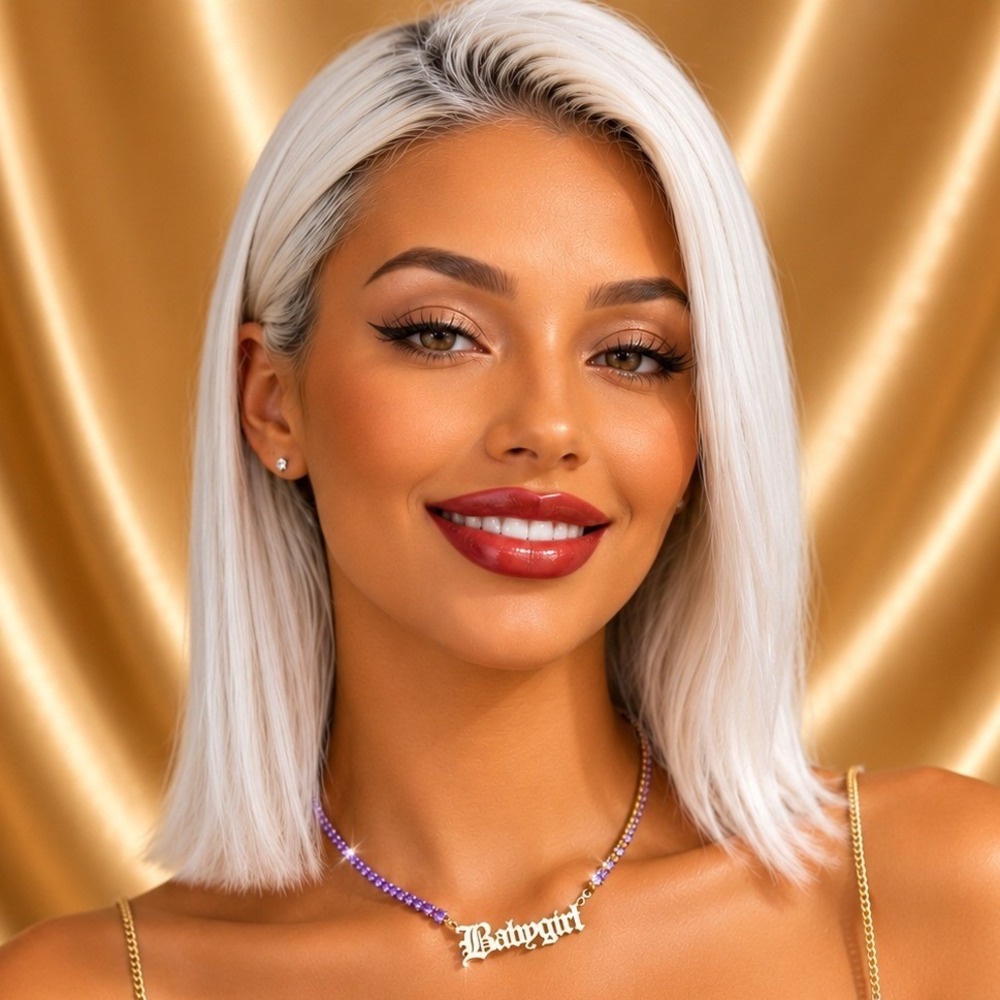 Babygirl Nameplate Necklace Gold Tone Purple Rhinestone Tennis Chain Y2K Glam